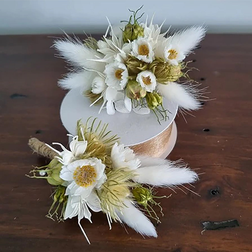 Dried Flower Wrist Corsage and Buttonhole - white